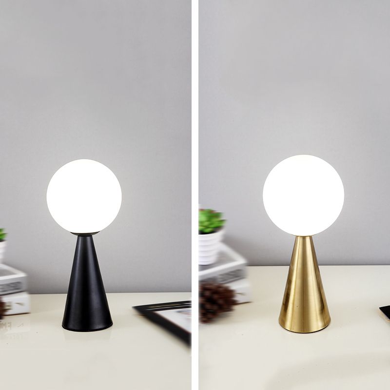 Conical Table Lamp Postmodern 1-Light Metal Night Light with Ball White Glass Shade