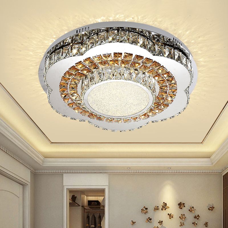 LED Flower-Shape Flush Mount Fixture Modern Beveled Crystal Ceiling Mounted Lighting in Chrome