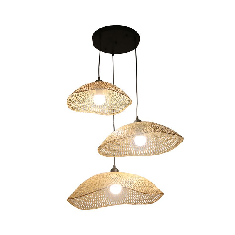 Beige Wavy Dome Cluster Anhängerlampe DOft 3 Lampen Bambus -Federung Licht für Esszimmer