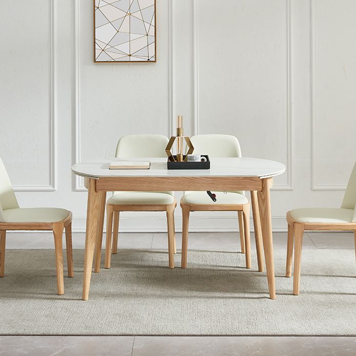 Round Contemporary Dining Room Table White Sintered Stone Table with 4 Ash Solid Wood Legs