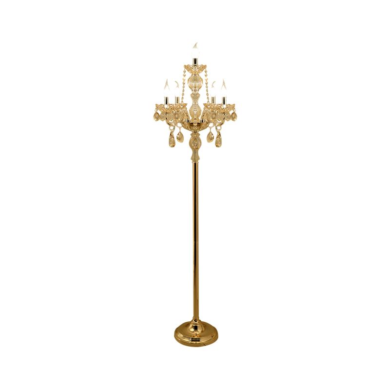 Lámpara de lectura de la sala de velas Cristal transparente tradicional 5/6 bulbos dorado luz de pie con sombra blanca