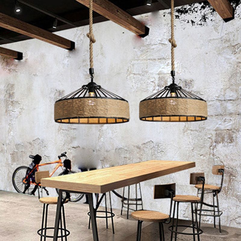 Touw linnen 1 licht hanger lamptrommel vintage loft plafond armatuur voor bar
