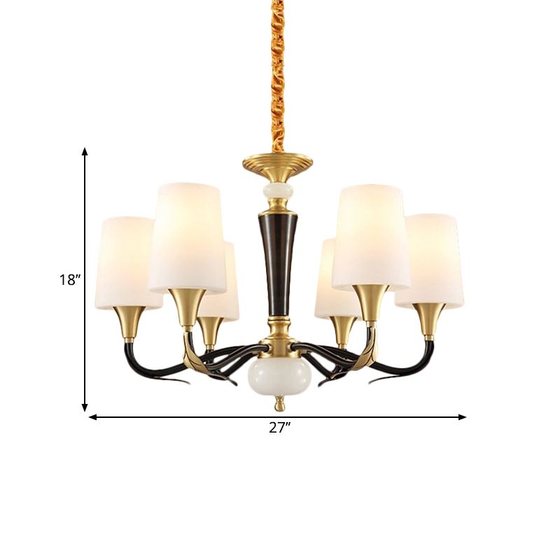 Melkachtig glas zwarte slinger lamp langwerpige kegel 6-licht landelijke hanger kroonluchter voor eetzaal