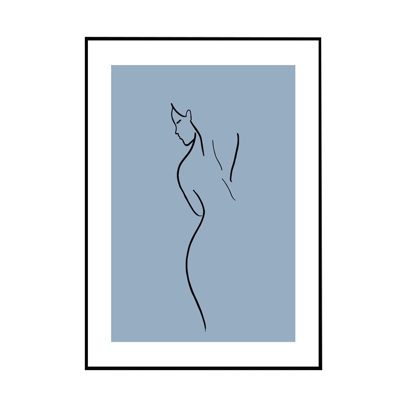 Simple Back of Woman Canvas Print Blue-Black Line Drawing Wall Art for Bedroom