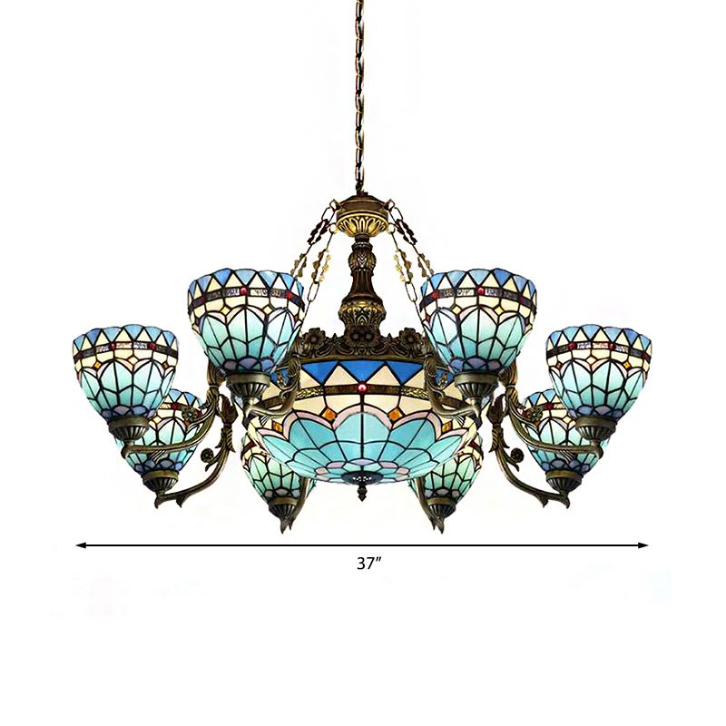 Lampada a cupola vintage in vetro macchiato a 9 luci lampadario invertito in blu per soggiorno