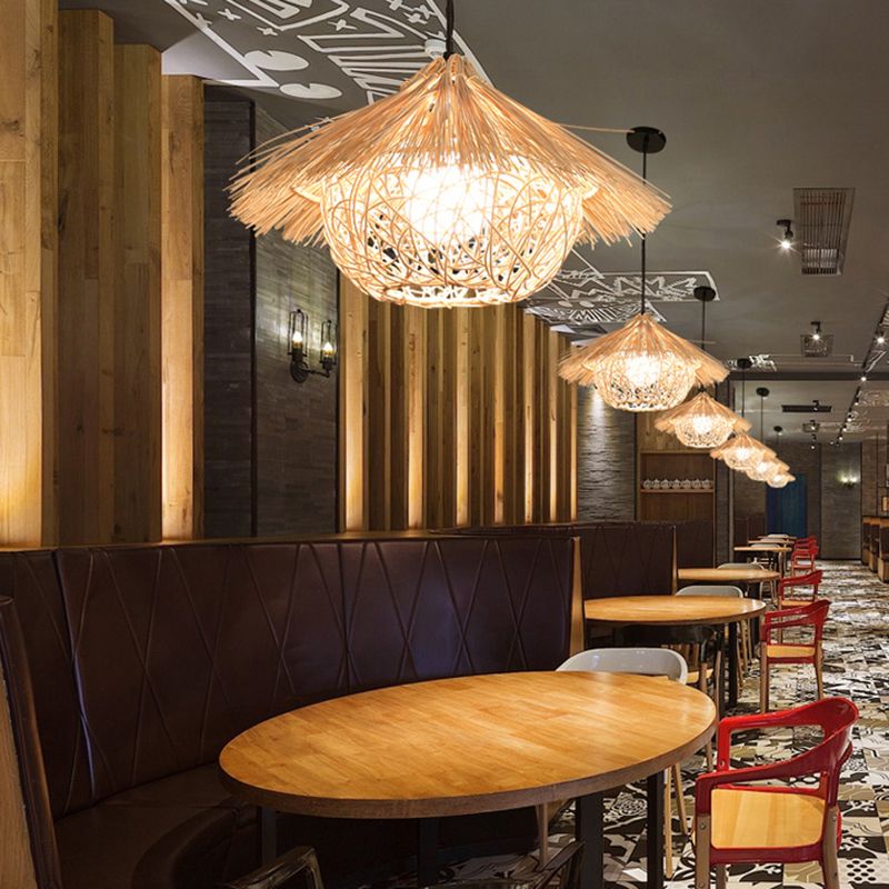 Iluminación Suspendida de Ratán de Granja 1 Bombilla Luz Colgante Asiática para Sala de Té