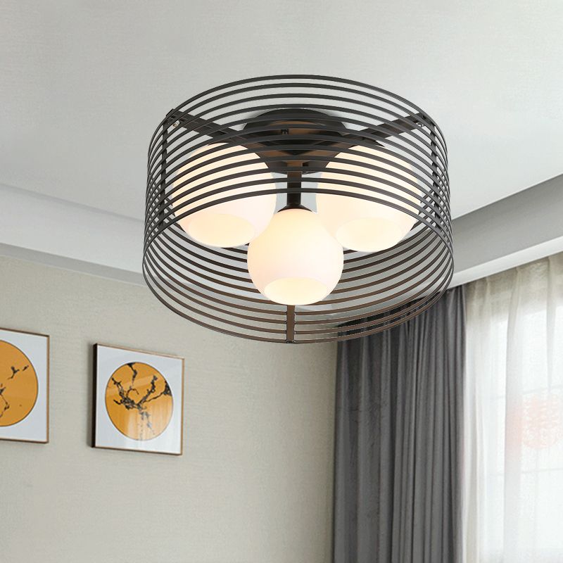 3 Lights Ceiling Light Classic Globe Milky Glass Flush Mount Lighting in Black/White for Living Room