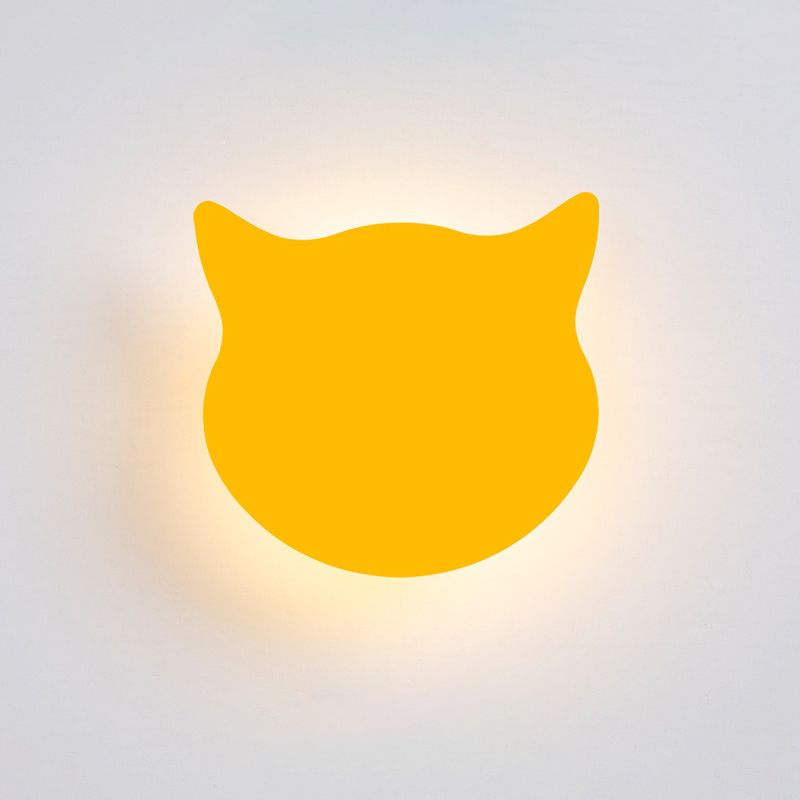 Cat Head Mini Wall Light Cartoon Wooden Kindergarten LED Flush Mount Wall Sconce in Pink/Blue/Yellow