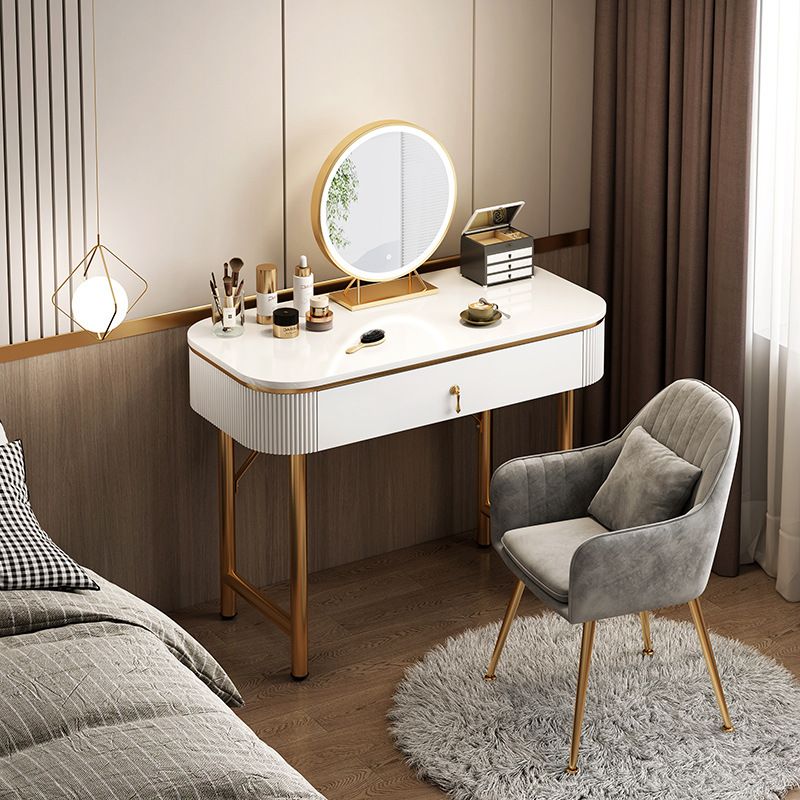 Mid-Century Modern Bedroom Metallic Lighted Mirror With Drawer Makeup Vanity Set
