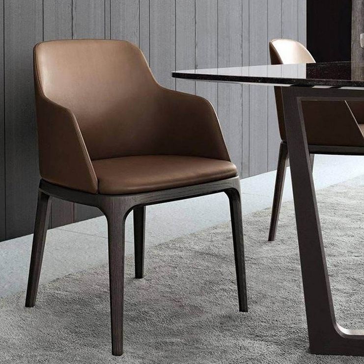 Brown Contemporary Dining Accent Chair Black Oak Wood Legs Dining Chair