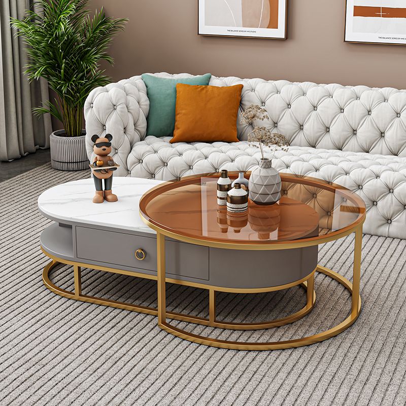 Oval Glass & Slate Coffee Table Set Frame Cocktail Table with Drawers