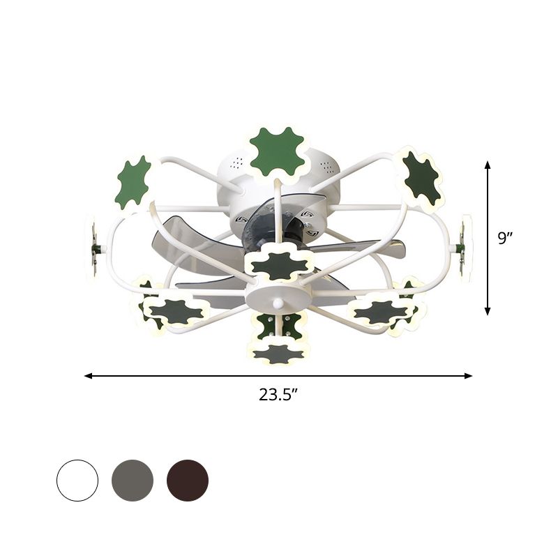 Cage de fleur LED Semi Flush Plafond ventilateur macaron fer 5-lame 23,5 "W chambre semi-flustion Mount Lumière avec décoration croix en gris / blanc / café