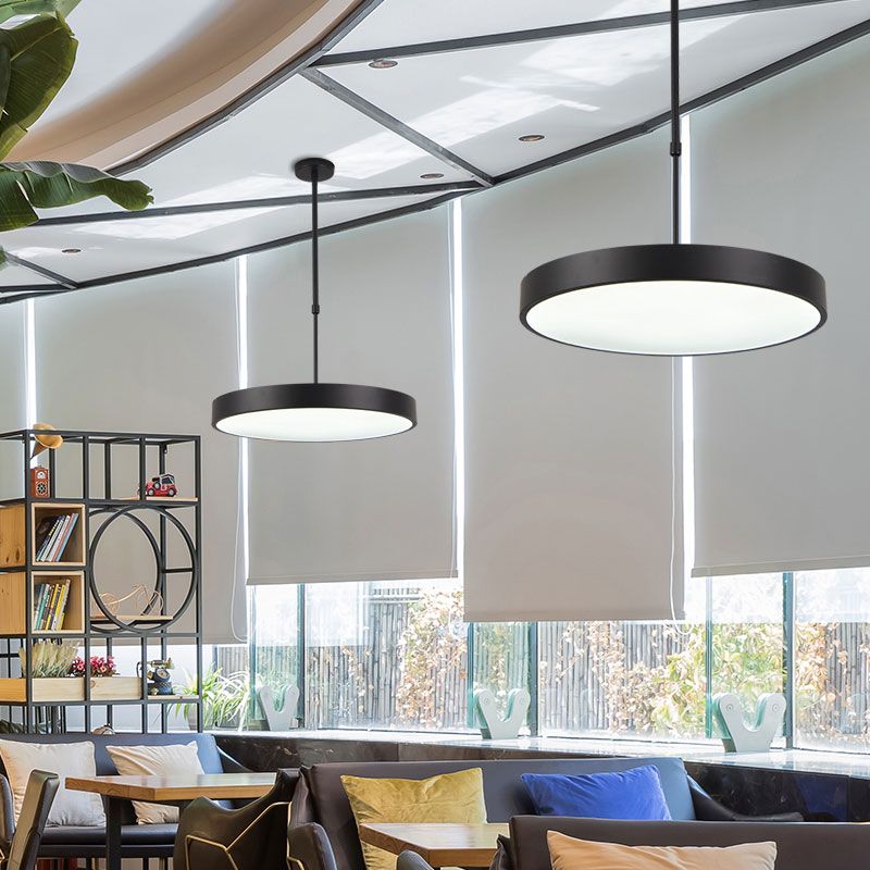 Adjustable Height Round Suspension Lamp Modern Metal Office LED Pendant Light in Black
