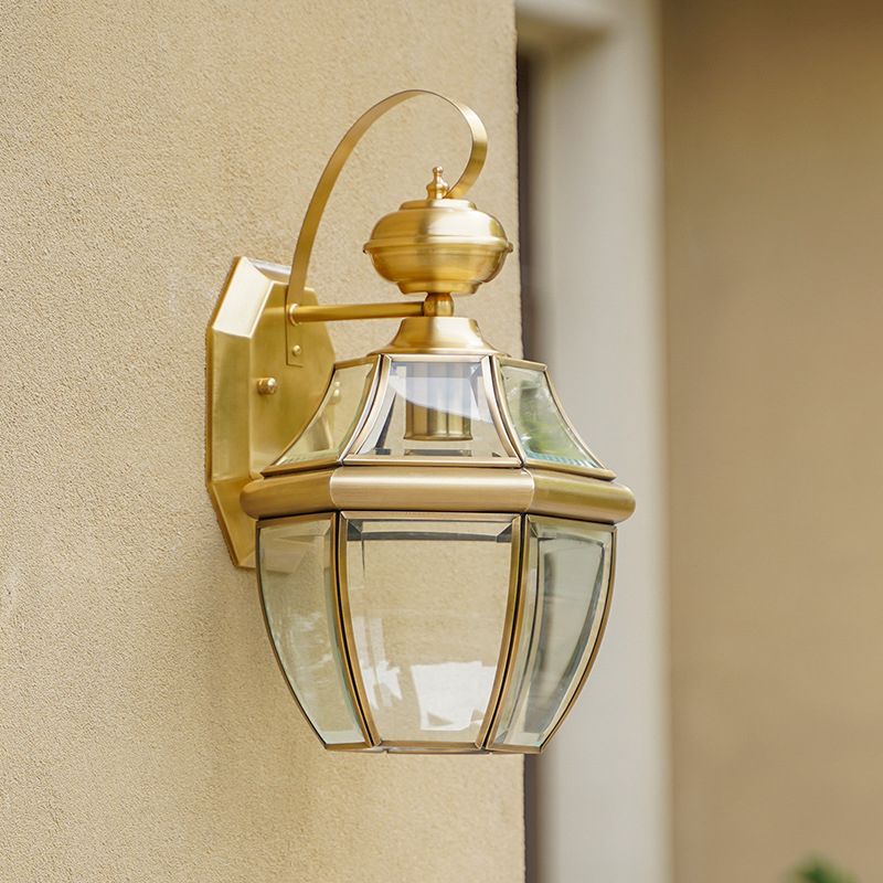 Clear Glass Globe Wall Light Traditional 1-Light Outdoor Small/Medium/Large Lantern Wall Sconce in Brass