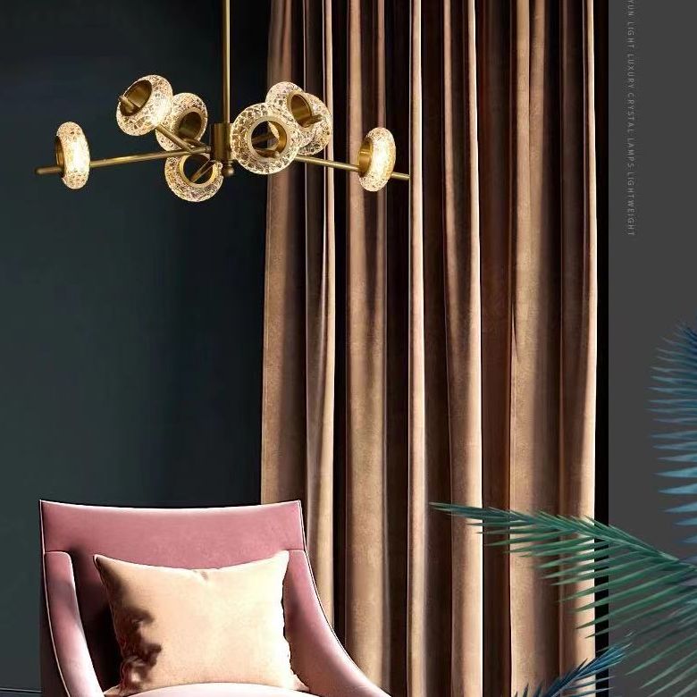 Crackled Crystal Glass Rings Pendant Lighting Postmodern Brass Finish Chandelier for Diner