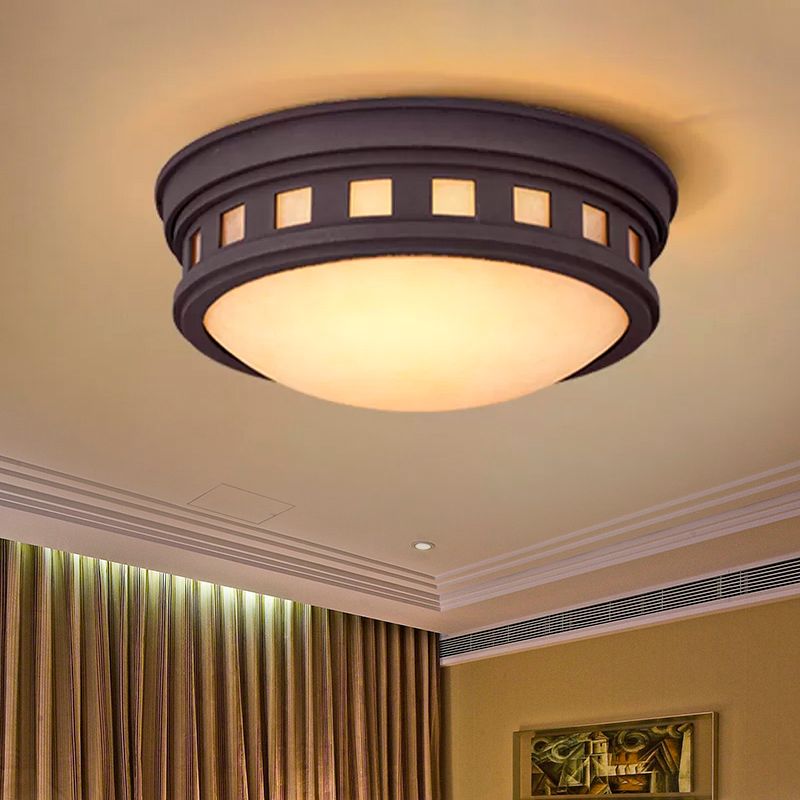 Drum Ceiling Flush Light Rustic Style Metal and Opal Glass Bronze/Gold Outdoor Flush Mount Light for Porch