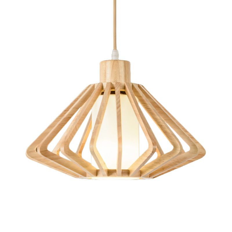 Diamond Cage Commercial Pendant Lighting Asian Wood 1 Head 14"/18" Wide Beige Ceiling Lamp with Inner Pillar Shade