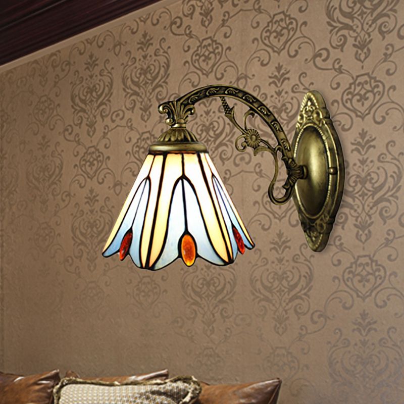 Vintage Bell Shade Wall Fixture Light Stained Glass 1 Light Wall Sconce in Blue for Bedroom Lighting
