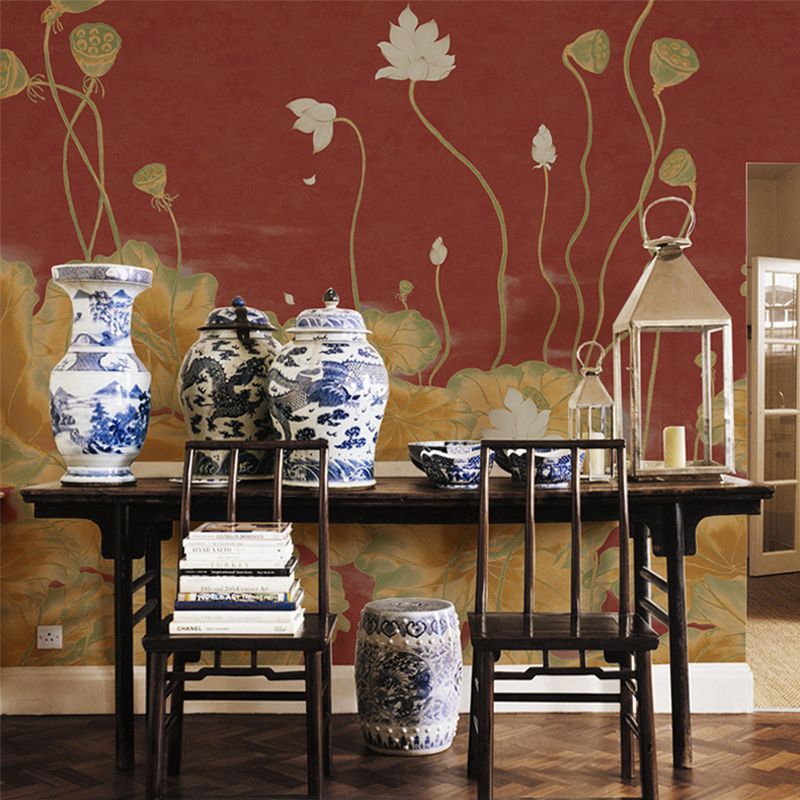 Lotus Pond Painting Wall Mural Dark Color Chinoiserie Wall Covering for Study Room