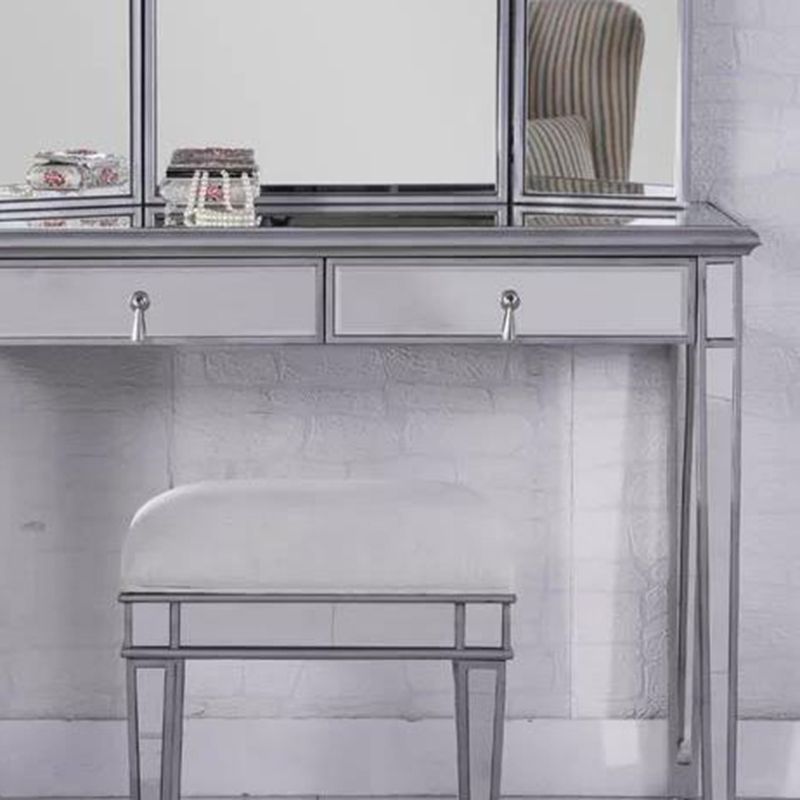 2 Drawers Mirrored Makeup Table and Stool Set Vanity for Women in Silver