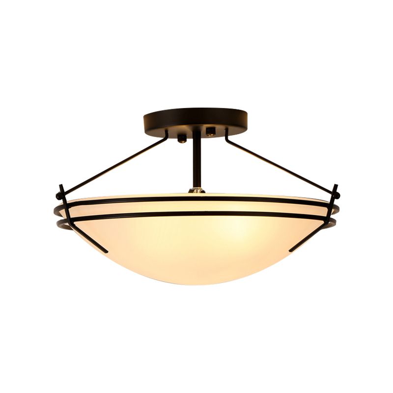 Bowl Frosted Glass Semi Flush Traditional 3 Lights Corridor Ceiling Light Fixture in Black