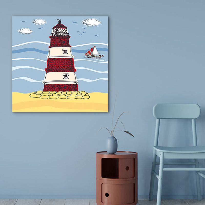Blue Riverside Lighthouse Wall Art Architecture Kids Textured Canvas for Play Room
