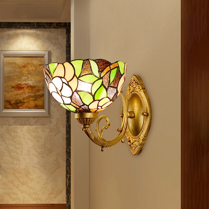 Grape/Blossom Vanity Lighting Fixture 1 Light Stained Art Glass Victorian Sconce Light in Brass for Bathroom