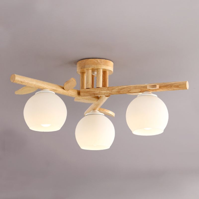 Log Color Indoor Ceiling Fixture in Modern Concise Style Wooden Globe Ceiling Light with Glass Shade