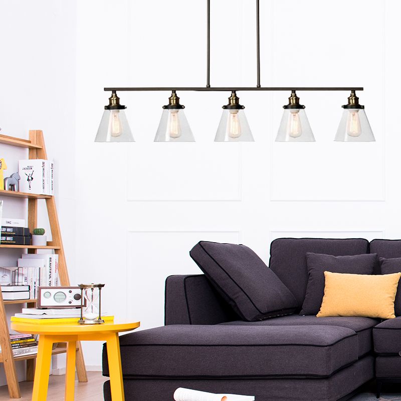 5 Heads Clear Glass Island Lighting Industrial Black Cone Shade Dining Room Hanging Chandelier