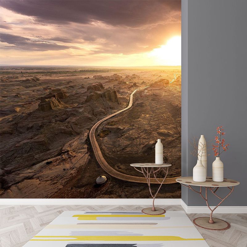 Contemporary Wilds Curved Road Mural Brown Sunset Landscape Wall Decor for Bedroom