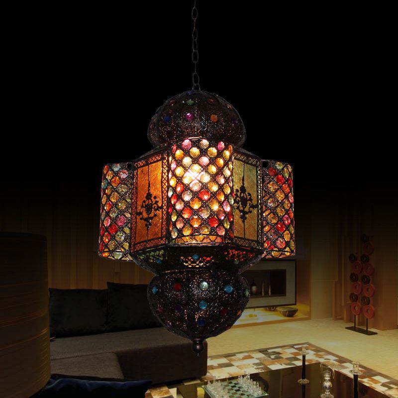 Moroccan Lantern Hanging Light Kit Handcrafted Stained Glass 1 Bulb Suspension Pendant in Copper