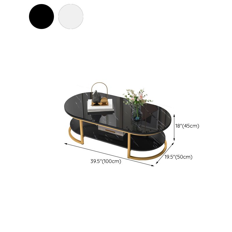 Contemporary Oval Glass Top Cocktail Table with Golden Base and Shelf
