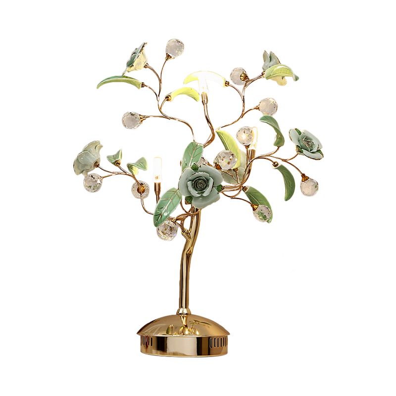 Lámpara nocturna de árbol de flores de 3 bombas Jardín coreano White/Red/Verde Ceramic Table Luz con tallo de oro