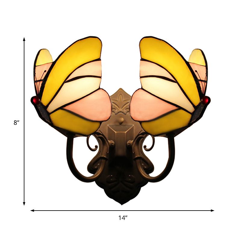 Butterfly Wall Mount Fixture Country Stained Glass 2 Lights Wall Sconce Lamp Fixture for Living Room