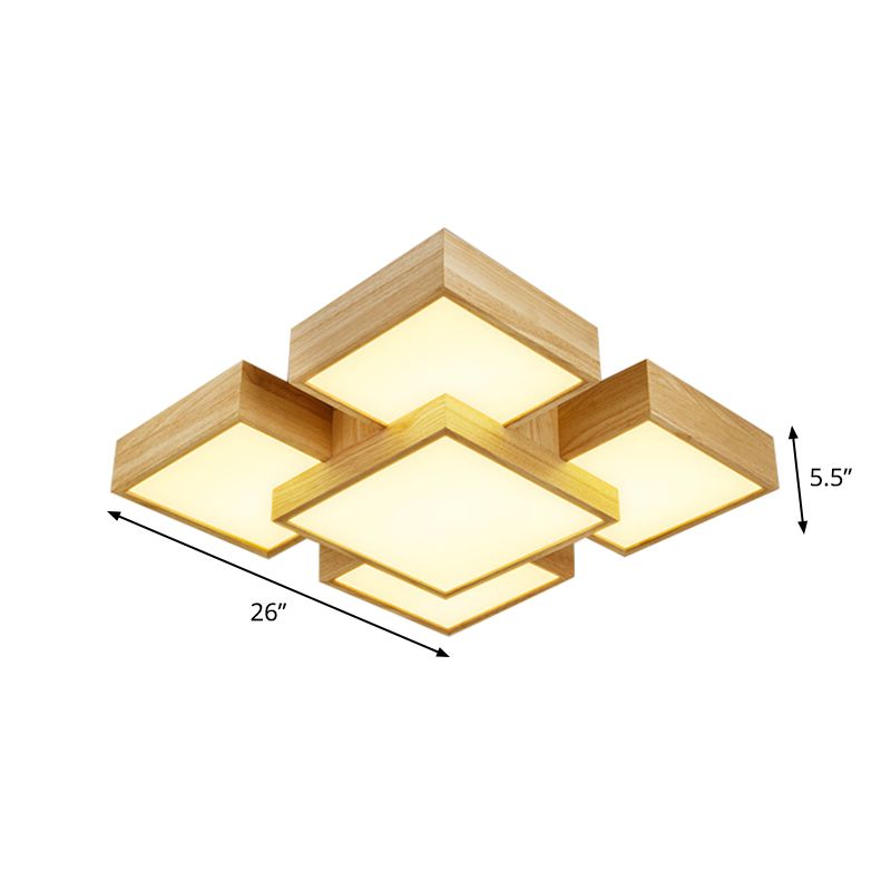 Beige Square Flush Mount Light Fixture Modernist 26"/31.5" Width LED Wood Ceiling Lighting