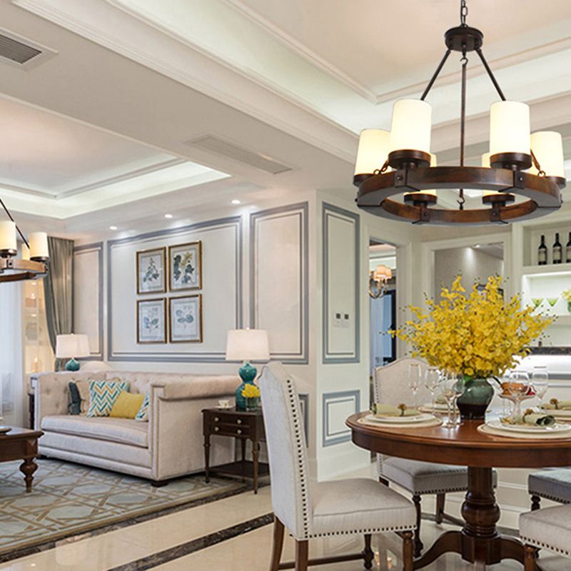 Round Solid Wood Rustic Style Chandelier Cylindrical White Glass Shade Dining Room Lighting Fixture