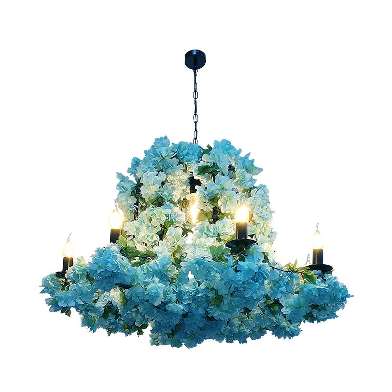 Industrial Candle Chandelier Light Fixture 6/8 Bulbs Metal LED Suspension Lighting in Blue with Cherry Blossom