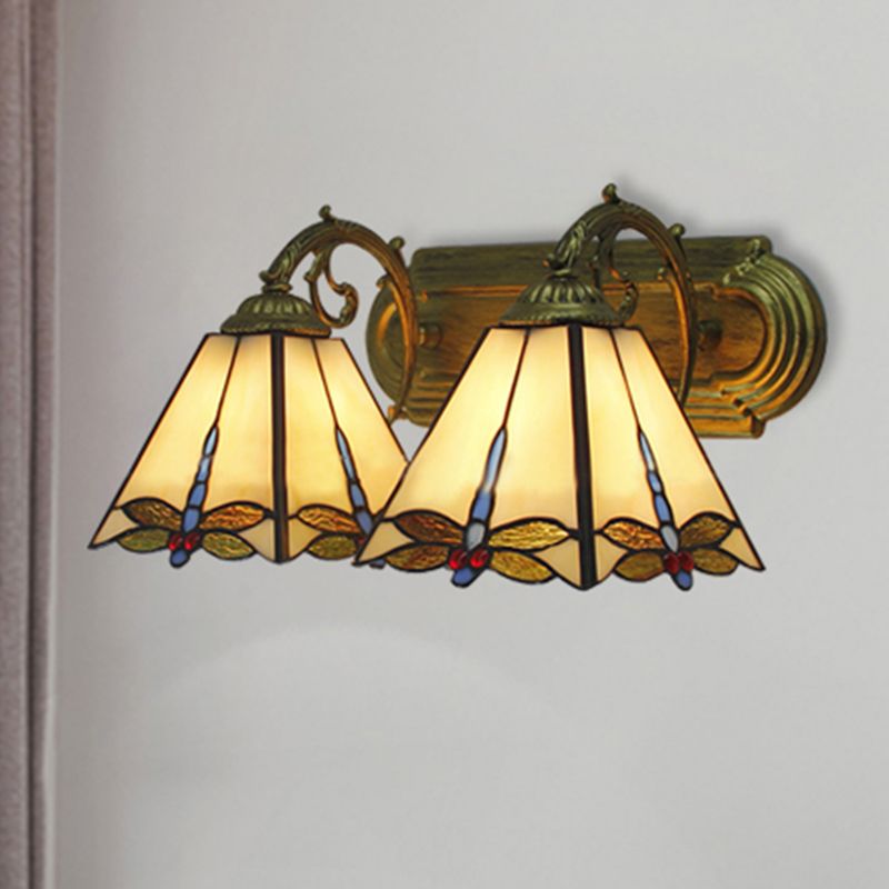 Lodge Wall Sconce Light with Dragonfly Pattern 2 Heads Stained Glass Wall Mount Light in Black/Bronze