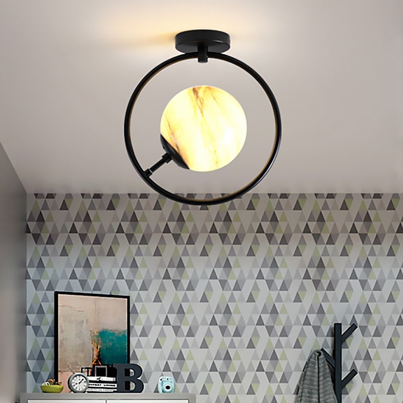 Vidrio blanco / amarillo modernista semiincrustado esférico 1 lámpara semiincorporada negra clara con anillo de hierro