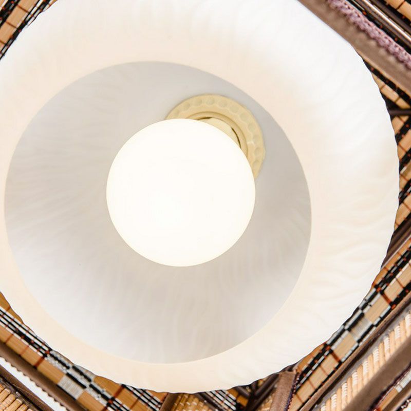 Asian Lodge Pendant Light Kit Bamboo Single Bedside Hanging Lamp in Wood with Dome Milk Glass Shade Inside