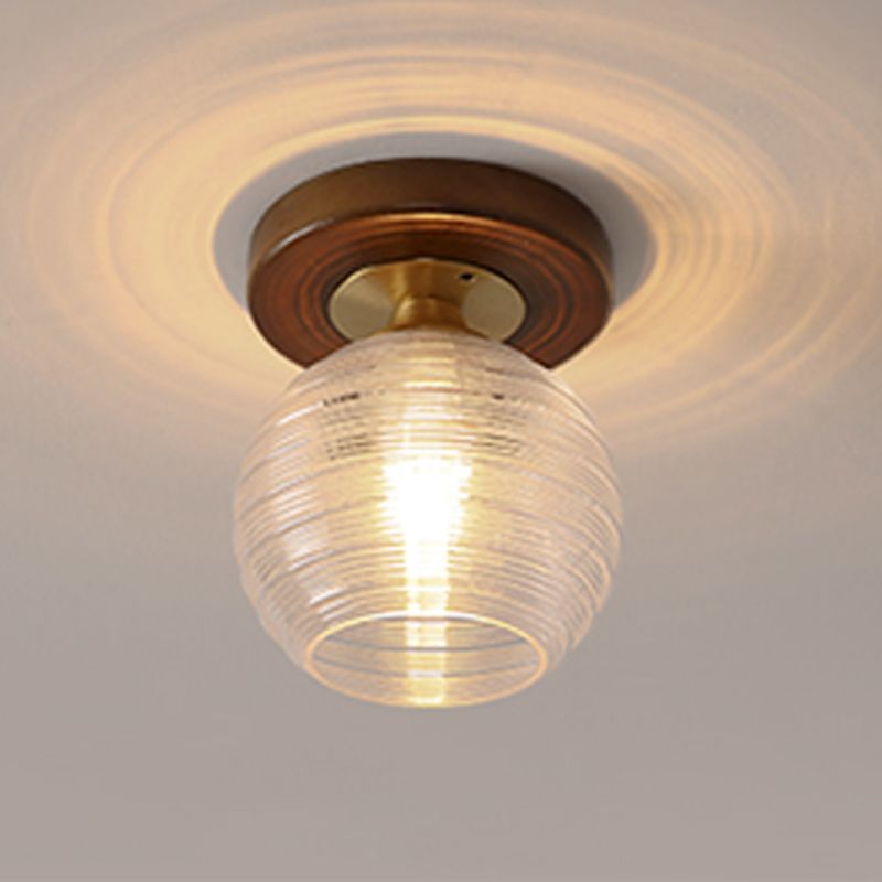 Modern Wood Ceiling Light Geometric Shape Flush Mount with Glass Shade for Living Room