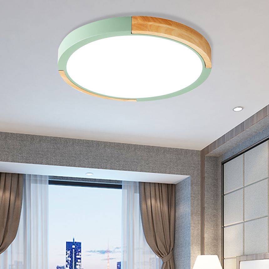 Nordic Style LED Ceiling Flush Black/Pink/White and Wood Splicing Disc Flush Mount Lighting with Acrylic Shade, Warm/White Light