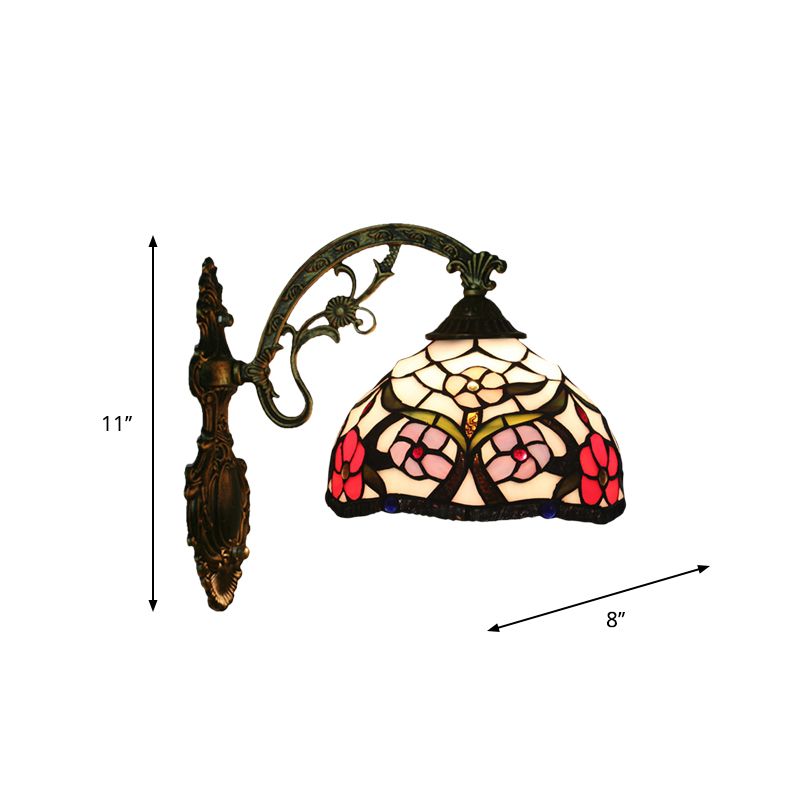 Bronze 1-Light Wall Lighting Fixture Tiffany Cut Glass Peony Pattern Bowl Wall Mount Light