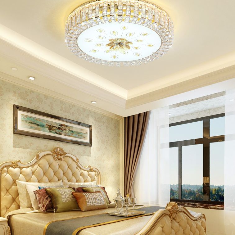 Metal White LED Plafond Armatuur in Modern Luxury Style Circular Crystal Flush Mount met Glass Shade