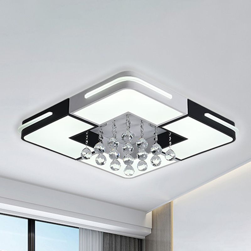 Modern LED Massimale Light White Rettangolo / Quadrato Flush Montato Light con Crystal Ball Accent in White/3 Color / Remote Control Stepless Dimming Light, 19,5 "/23.5" /35.5 " W