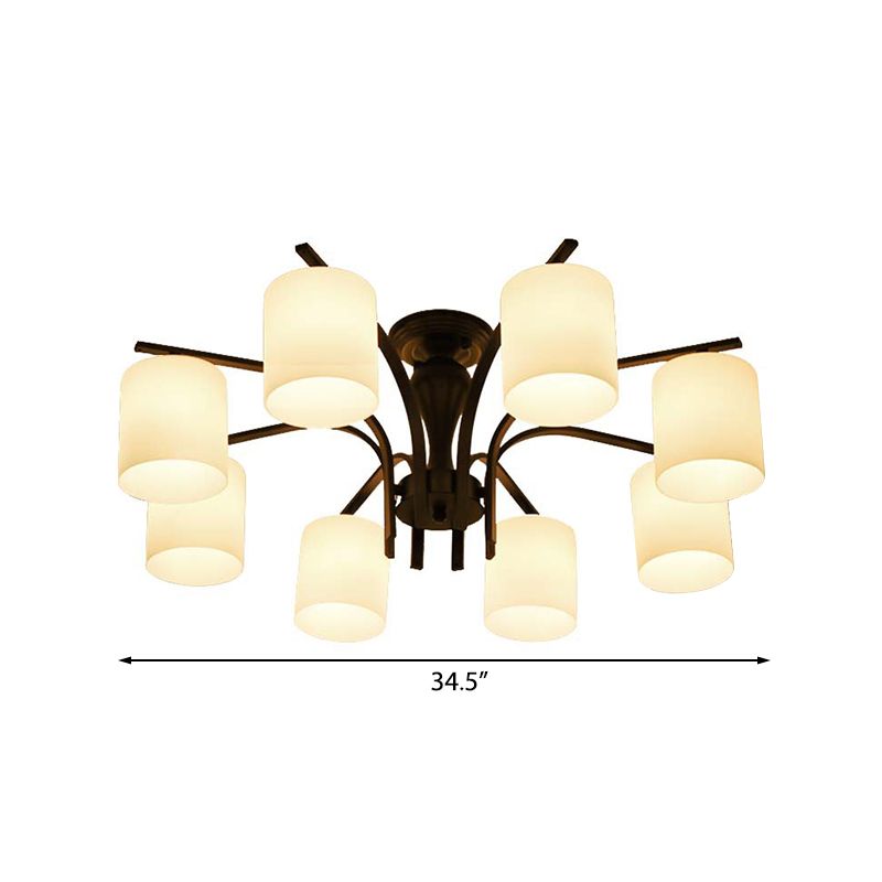 3/5/6 Lights Semi Flush Mount Traditional Cylinder Frosted Glass Ceiling Light in Black for Bedroom