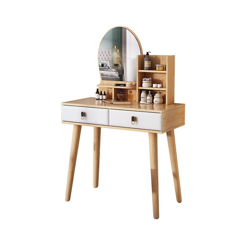 Mirror Table Dressing Table Solid Wood Make-up Vanity with 2-Drawers