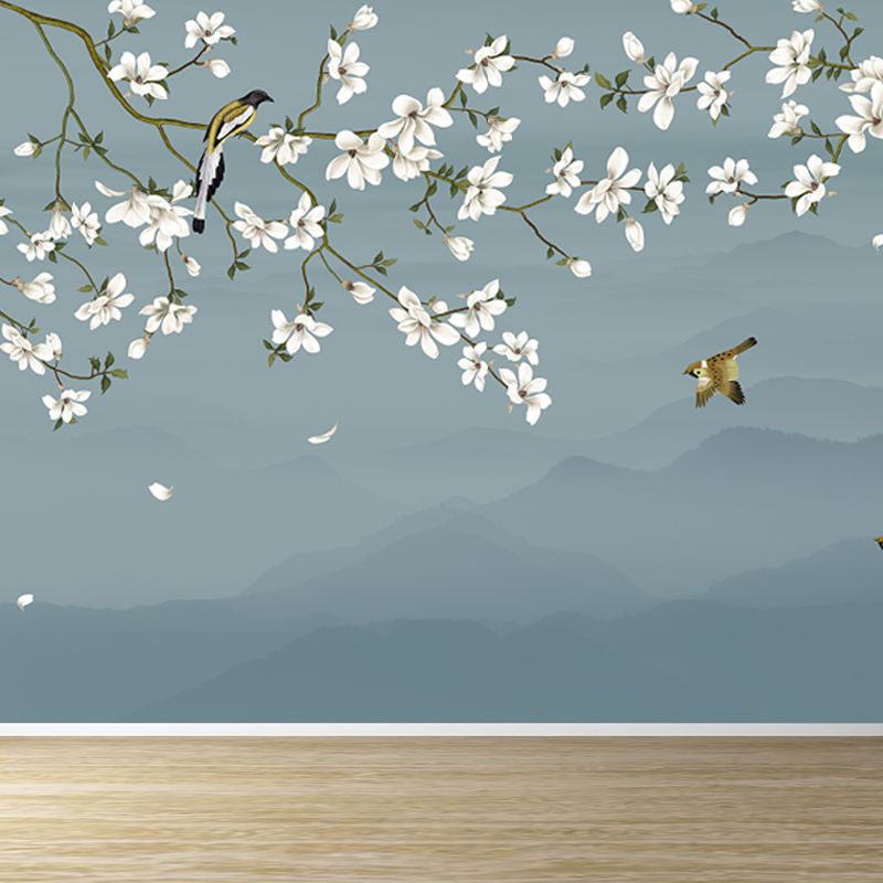 Bird and Flower Branch Mural for Home Misty Mountain Landscape Wall Art in Blue for Decor