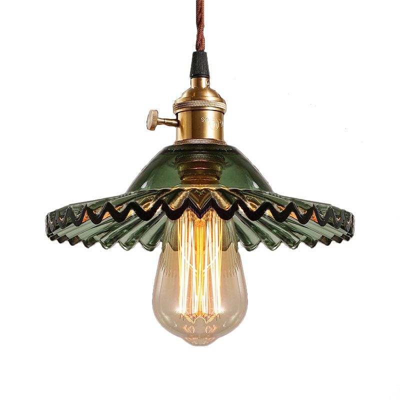 Scalloped Prismatic Glass Pendant Lighting Industrial One Light Dining Room Hanging Lamp in Green