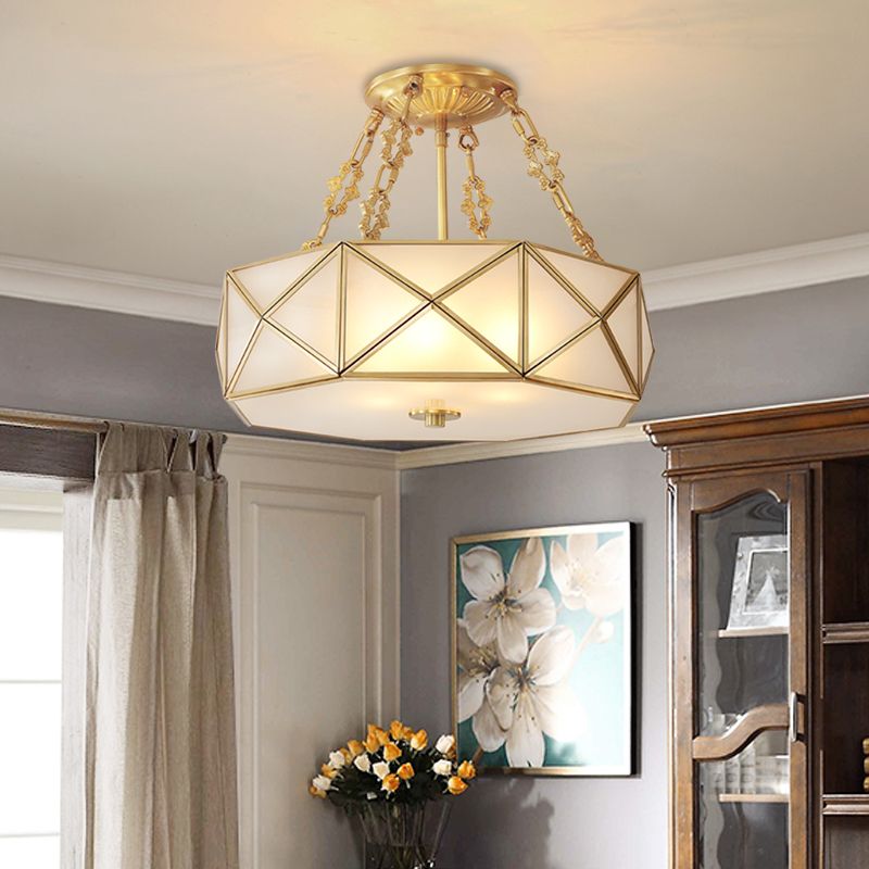 Colonial Drum Ceiling Mount Chandelier 4 Bulbs Frosted White Opal Glass Semi Flush Light Fixture in Brass for Bedroom